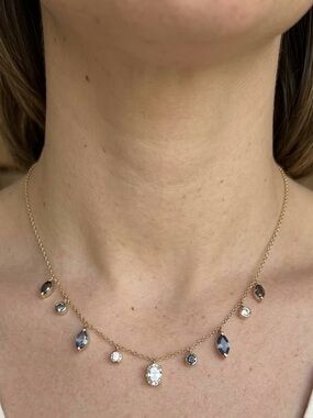 Delicate Gold Bezel Set Crystal Station Dangle Drop Necklace Adjustable